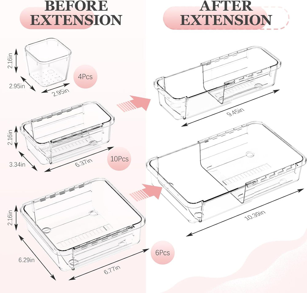 DILIBRA 20Pcs Clear Extendable Drawer Organizer, Adjustable Drawer Storage