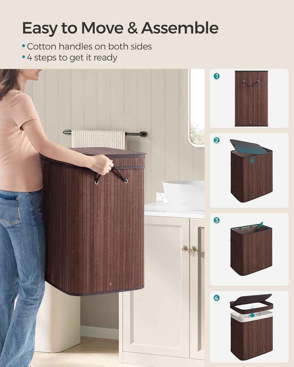 SONGMICS Bamboo Laundry Hamper with Lid, 39.6-Gallons, with Handles