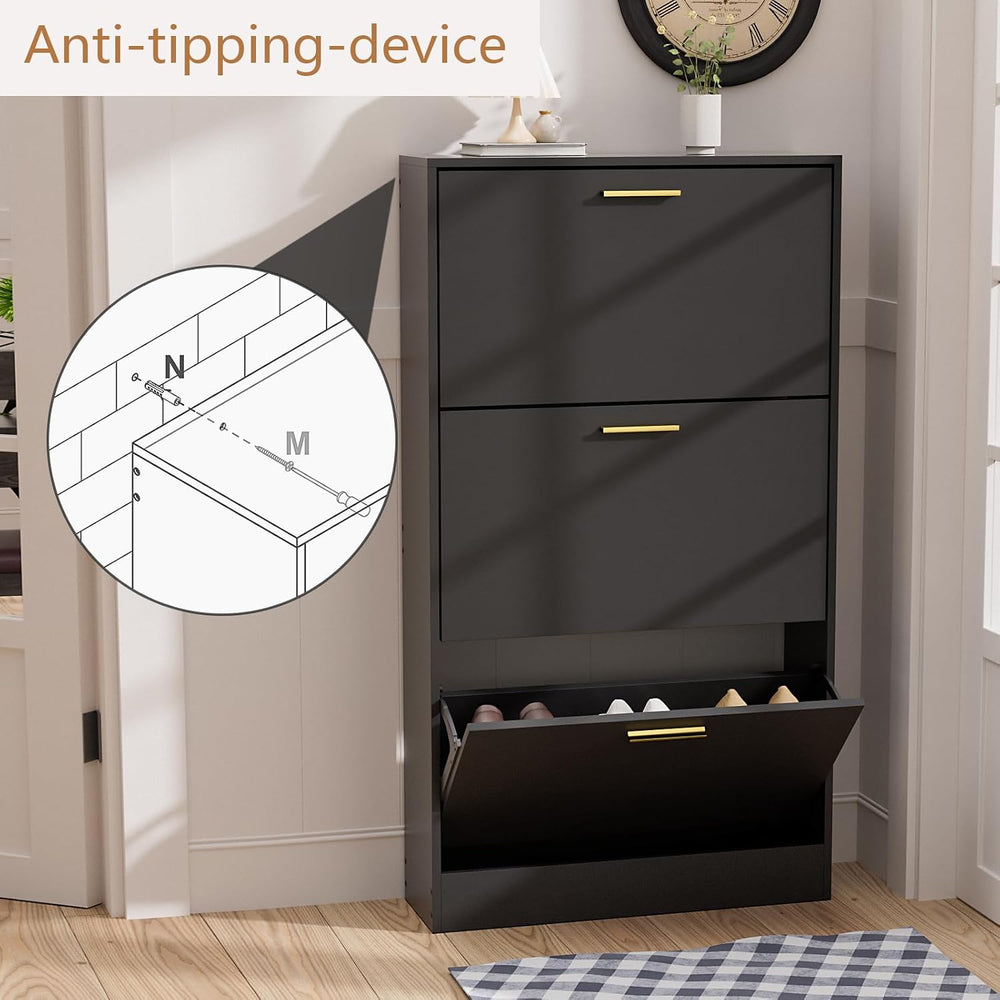 LYNSOM Modern Entryway Shoe Cabinet with 3 Flip Drawers and Top Display, Blac...