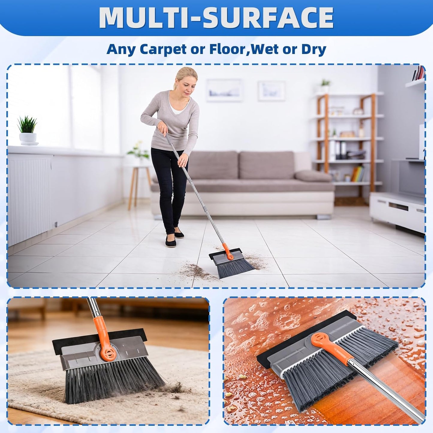 Floor Scrubber, 50 inch Heavy Duty Floor Scrub Brush with Long Handle and Squeegee for Cleaning Tile Wall Deck Bathroom Patio Garage Kitchen, Grey