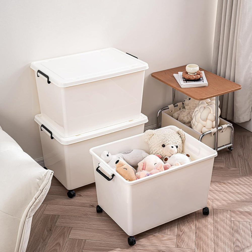 Large Stackable Plastic Storage Bins with Wheels, 3-Pack 60 Quart White Thick...