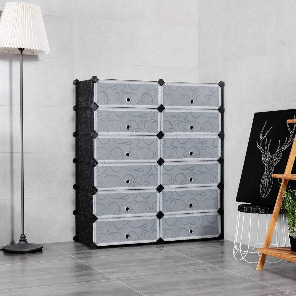 HAPPYGRILL Shoe Rack Organizer, 12-Cube Modular Plastic Shoes Storage Cabinet...