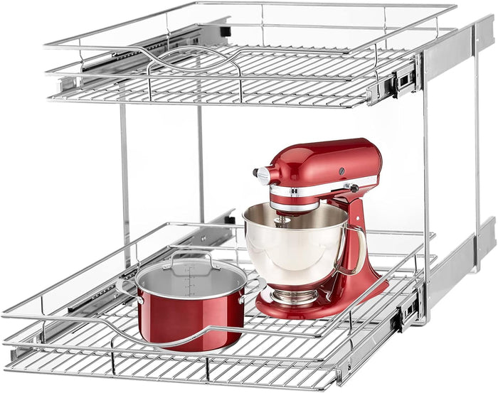 2-Tier Pull Out Cabinet Organizer(14"W X 21"D), Individual Slide Out Basket Kitchen Cabinet Organizer, Cabinet Pull Out Shelves Kitchen Cabinet Organization for Kitchen Pantry, Bathroom, Chrome