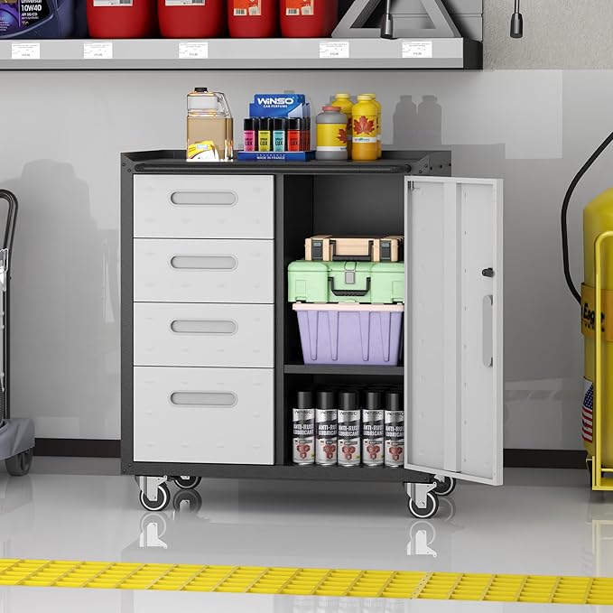 Metal Storage Cabinet with Wheels, Rolling Tool Cabinet with Adjustable Shelve