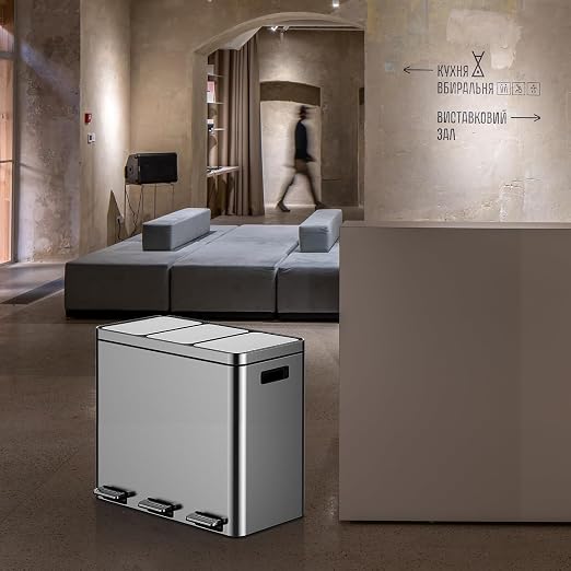 3 x 5.3 Gal Trash Can, Stainless Steel Triple Compartment Step-On Recycling Bin - Image 8