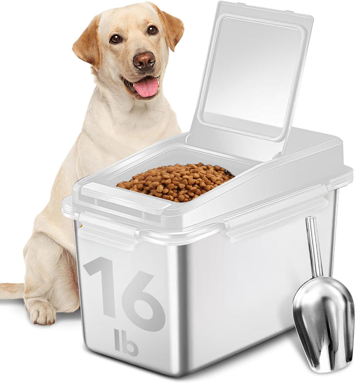 Newget 11 lb Stainless Steel Dog Food Storage Container with Scoop, White