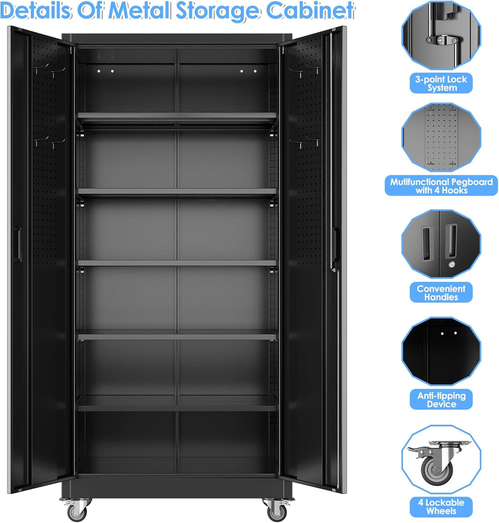 Aobabo Black Metal Garage Storage Cabinet with Wheels, 34"W x 18"D ...