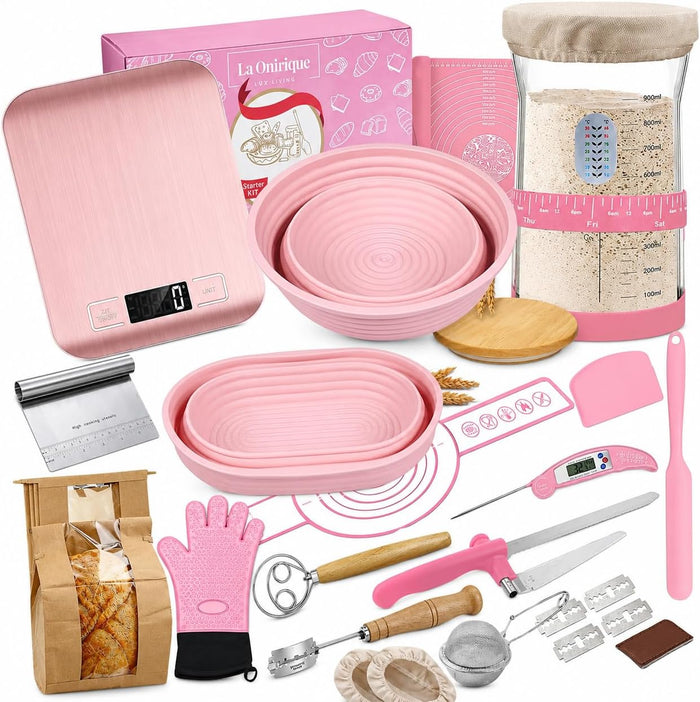 Pink Sourdough Starter Kit with Silicone Proofing Baskets, 36oz Starter Jar, Kitchen Scale, Thermometer, Danish Whisk, Baking Mat, Dough Scrapers, Banneton Bread Proofing Baskets – Bread Baking Set