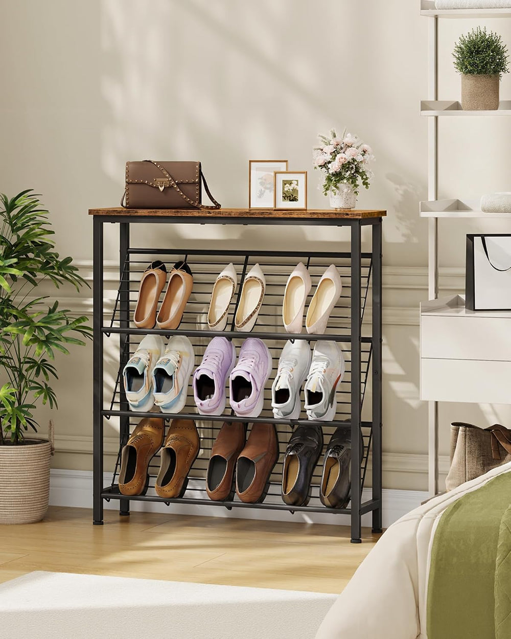 CHOEZON Shoe Rack, 4-Tier Narrow Shoe Storage Shelf, Slim Shoe Rack with Wood...