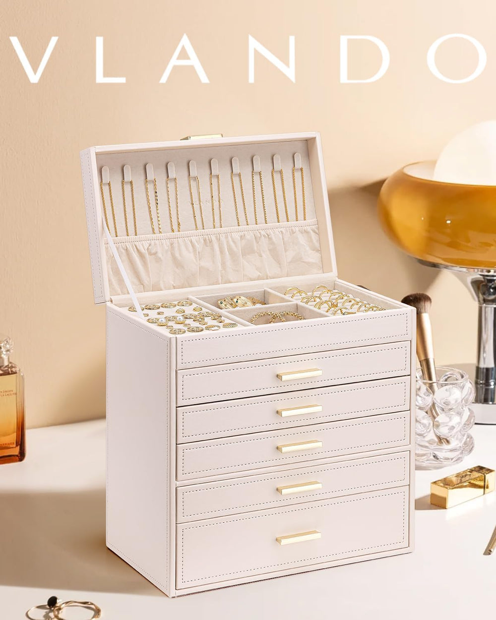 VLANDO Large Jewelry Box, 6 Layer Storage Organizer, Removable Dividers