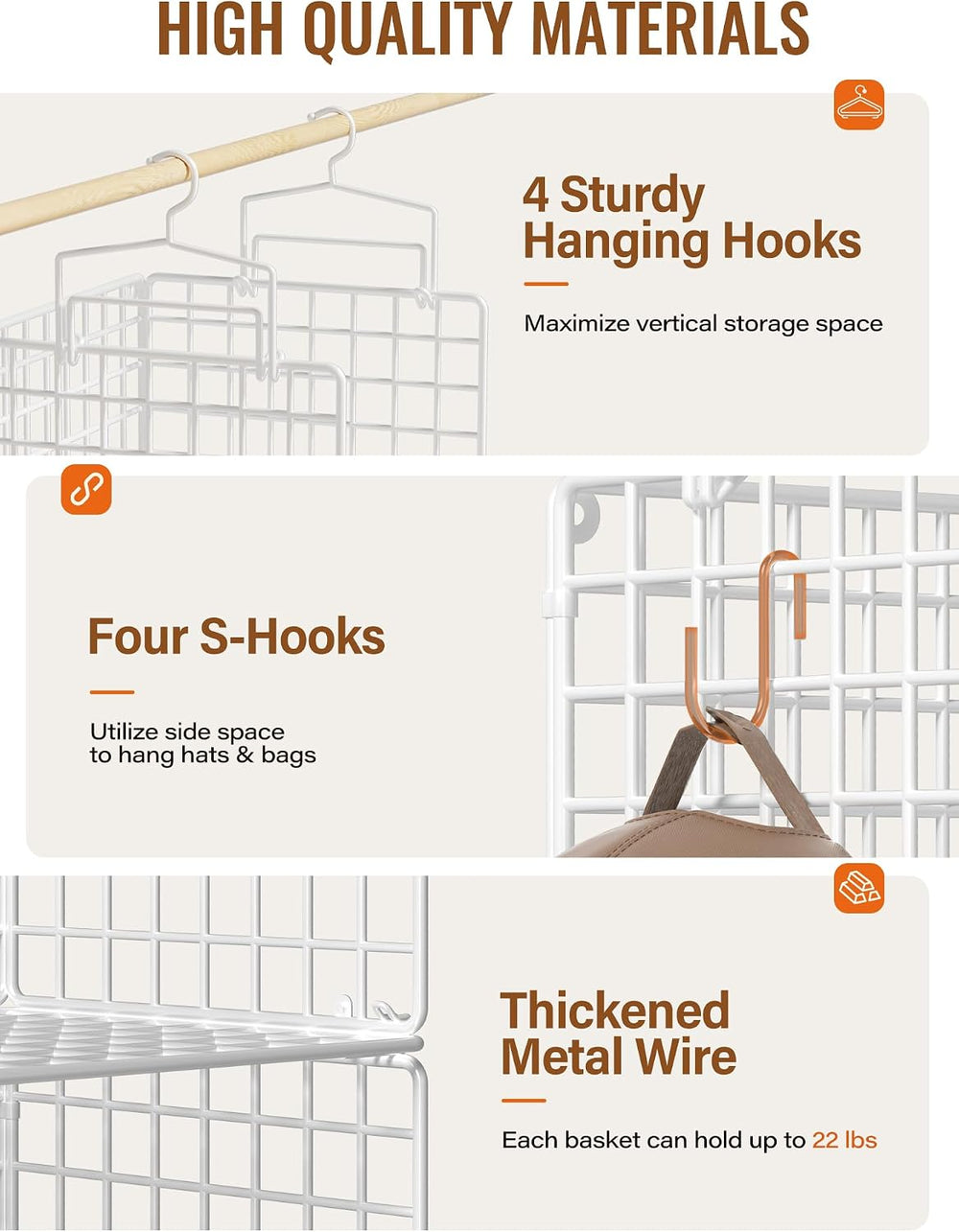 6 Tier Closet Hanging Organizer, Metal Closet Organizers and Storage with 4 H...