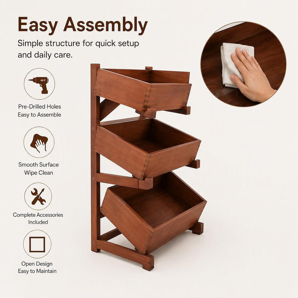 3 Tier Wood Fruit and Vegetable Basket Stand Rack for Kitchen, Fruit Basket f...
