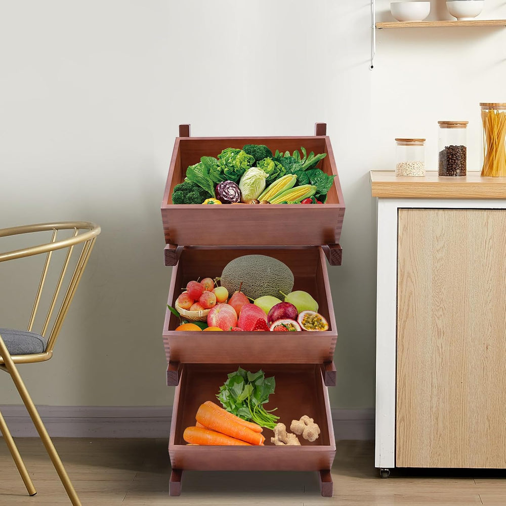 3 Tier Wood Fruit and Vegetable Basket Stand Rack for Kitchen, Fruit Basket f...