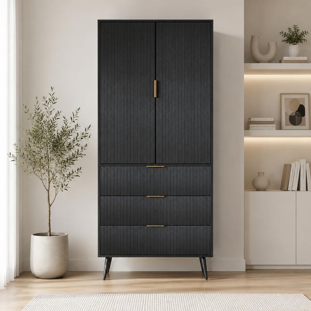 Fluted Tall Cabinet Kitchen Pantry with Adjustable Shelves, Black