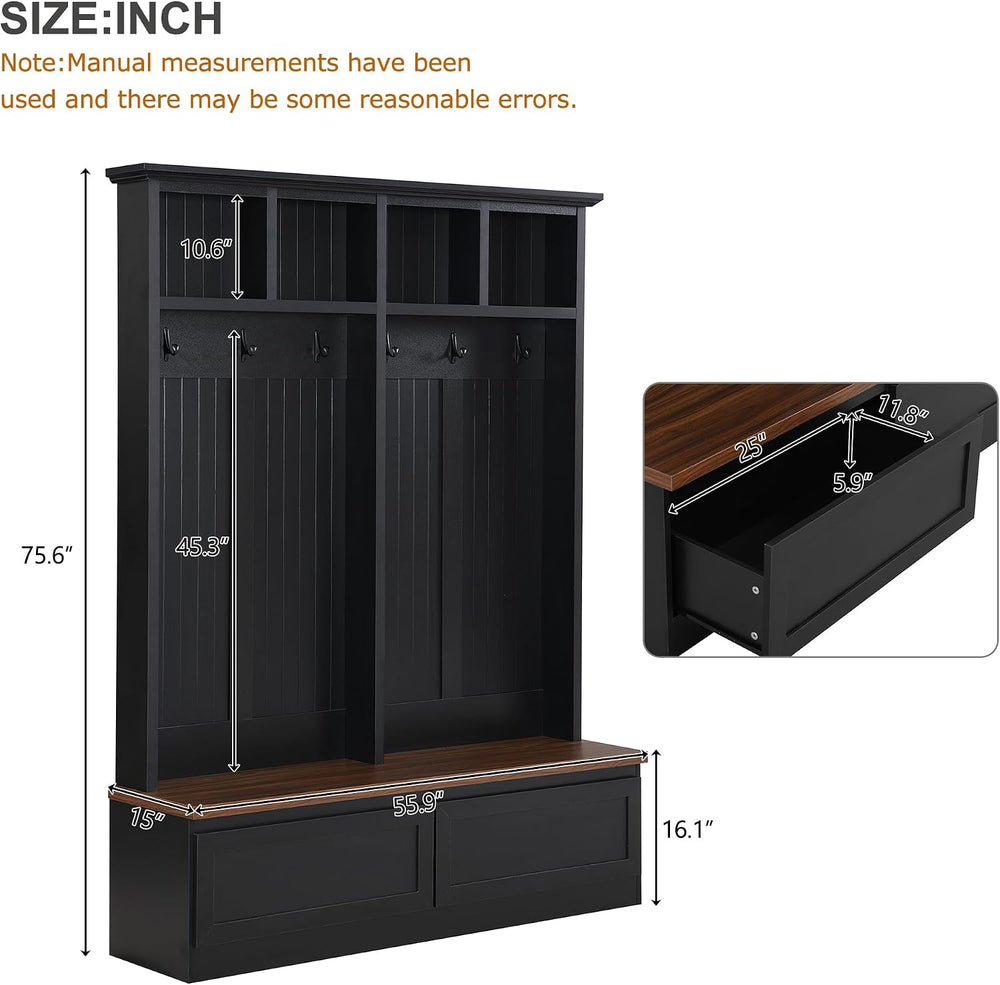 4-in-1 Hall Tree with Wood Grain Bench, Entryway Shoe Storage Organizer with ...