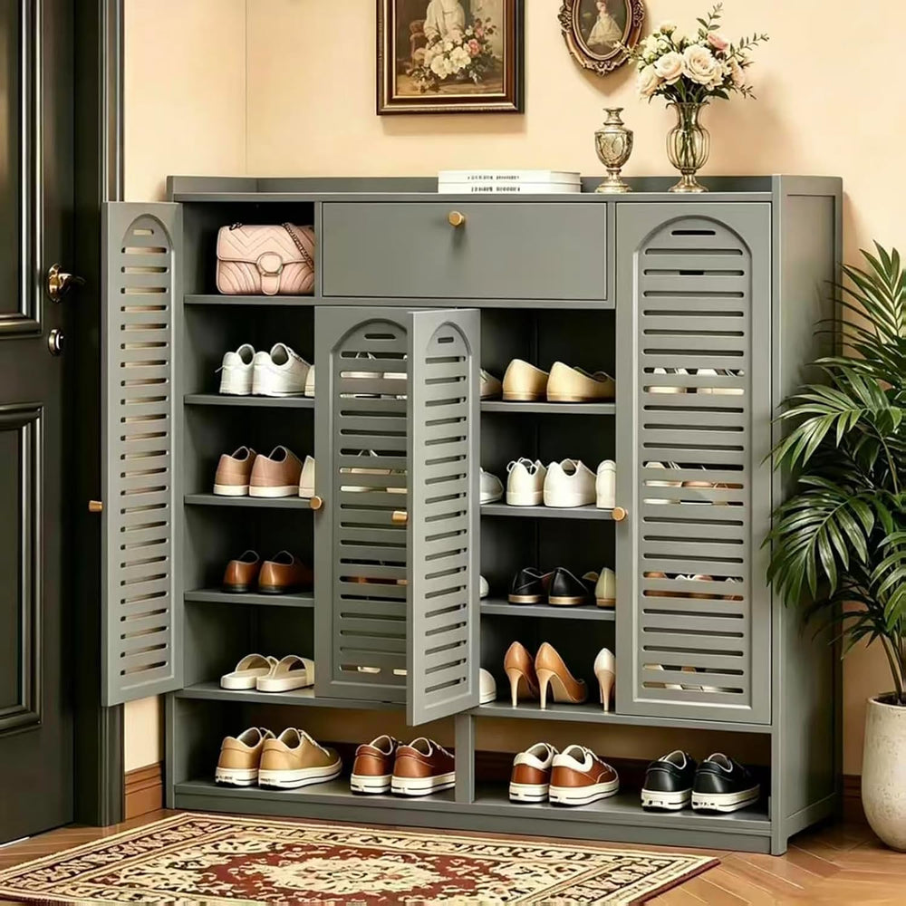 7-Tier Bamboo Shoe Cabinet, Shoe Storage Organizer with Louvered Doors and Dr...