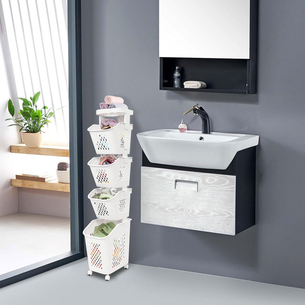 4-Tier Rolling Laundry Hamper, Plastic Laundry Cart Organizer with Wheels, Co...