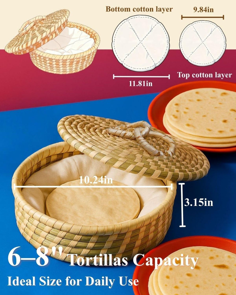 Handwoven Seagrass Tortilla Warmer Basket with Lid, 9.6" Breathable Natu...