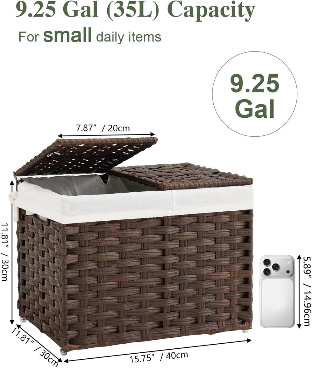 SETVSON Storage Basket with Lid, 2-Lid PE Rattan Storage Bin, Brown