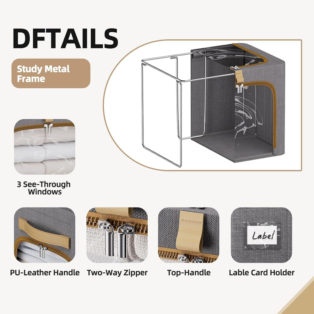 Clothes Storage Bins with Metal Frame and 3 See-Through Windows Openings