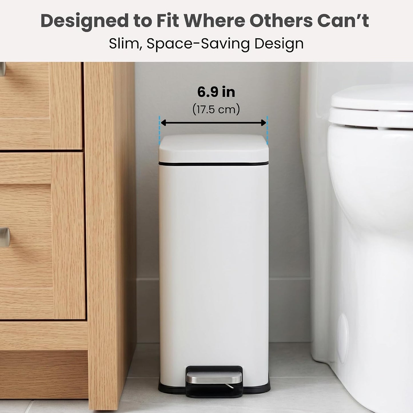 iTouchless 3 Gallon Small Wastebasket for Bathroom with Lid, Deodorizer, Soft-Step Stainless Steel Slim Garbage Bin, 11.5L White Small Trash Can, Step Pedal, Minimalist Nursery Decor for Clinic & Spa