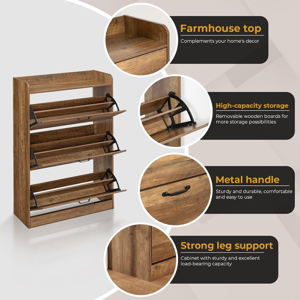 HOMMPA Farmhouse Shoe Storage Cabinet with 3 Flip Drawers, Shoe Cabinet Stora...