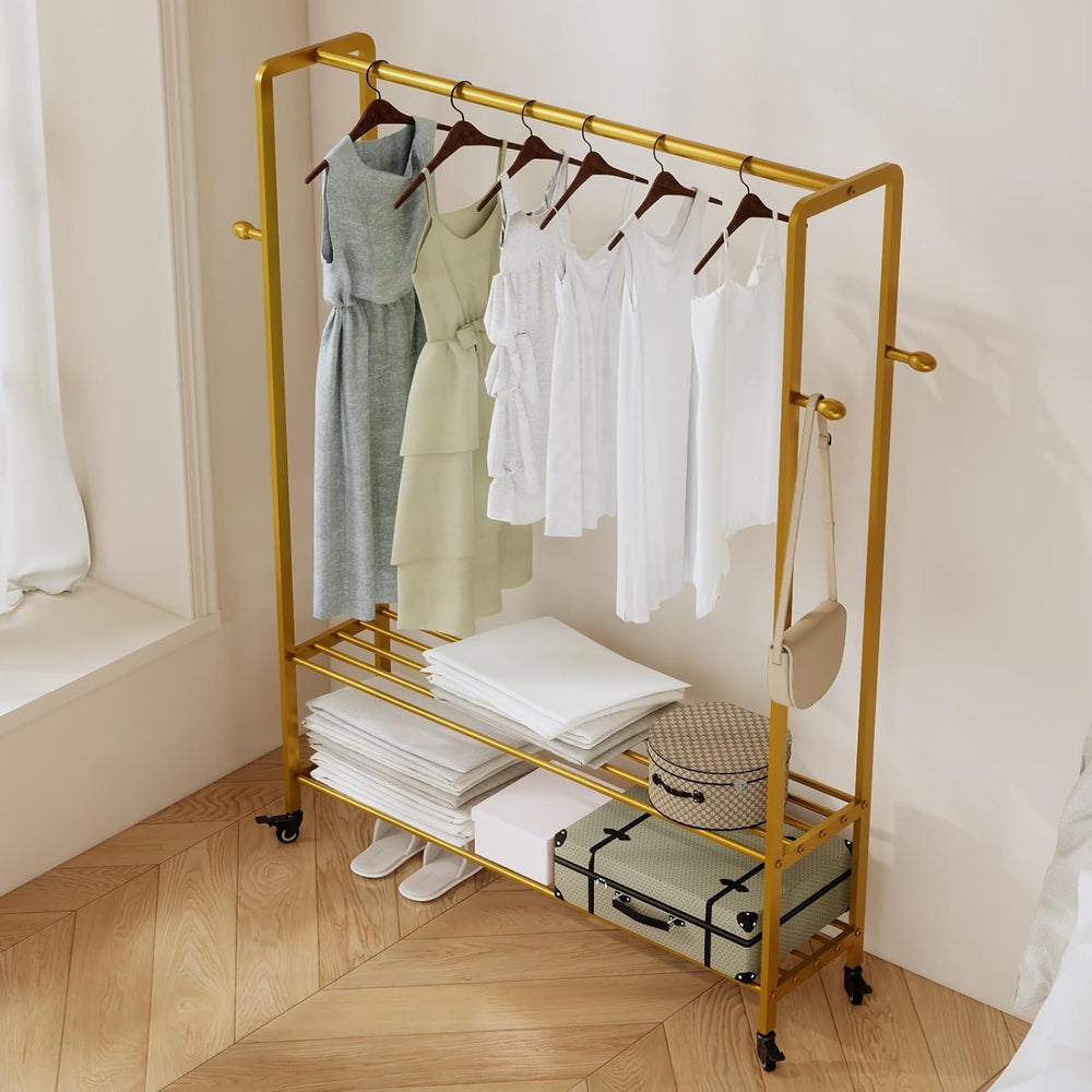 Gold Rolling Garment Rack with Shelves and Hooks,Freestanding Metal Clothing ...