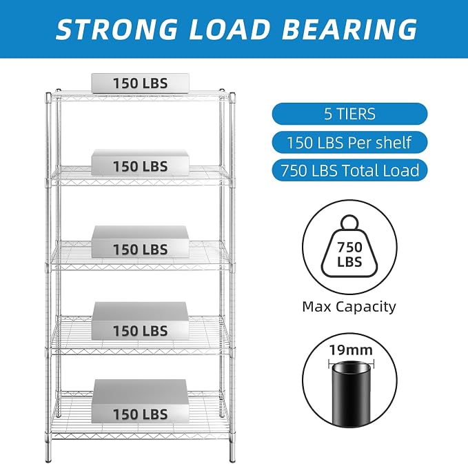 5-Shelf Adjustable Metal Shelf Wire Shelving Unit Storage Rack Display Shelf