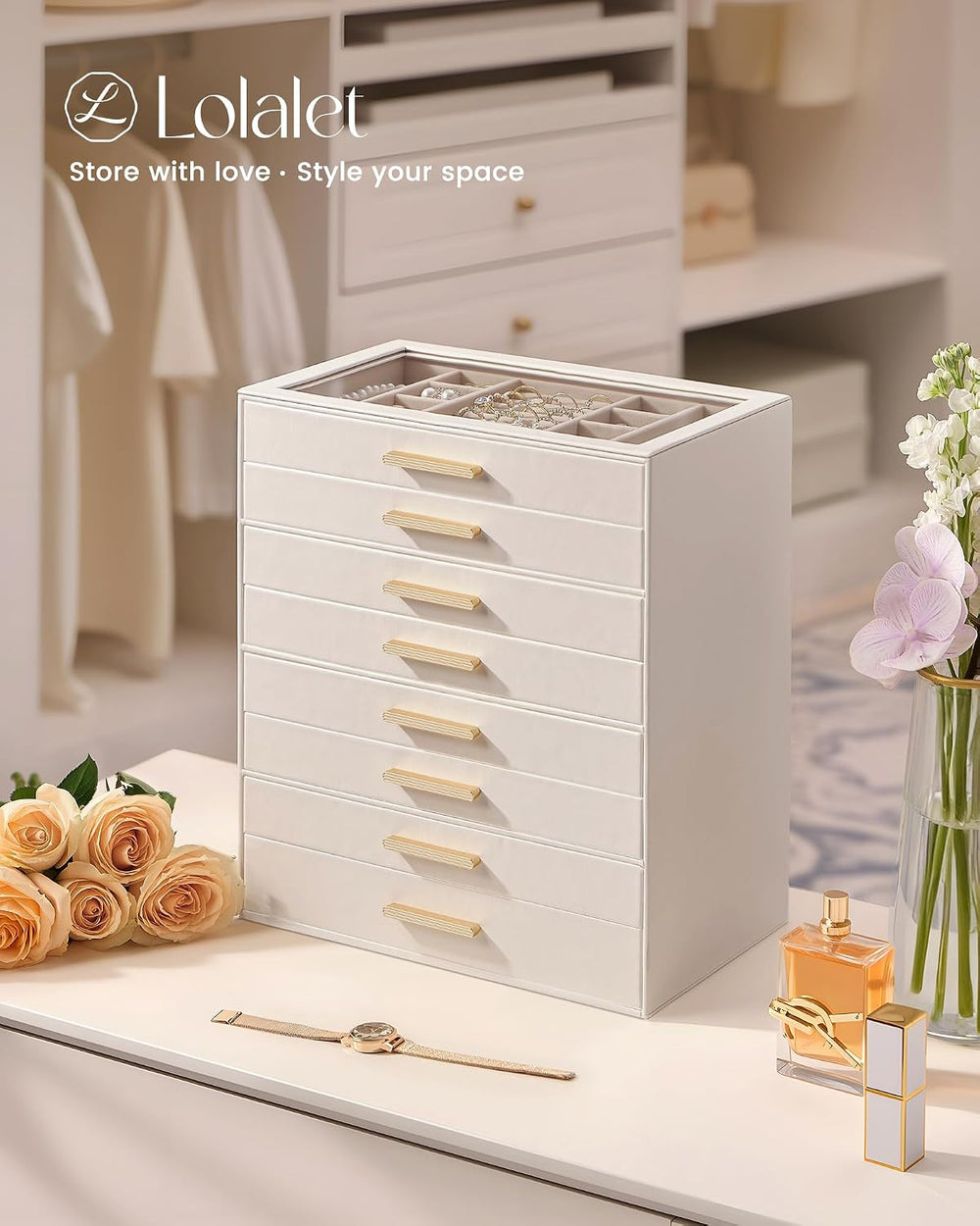 Lolalet Jewelry Box Organizer, 8-Layer Jewelry Storage Case -Beige