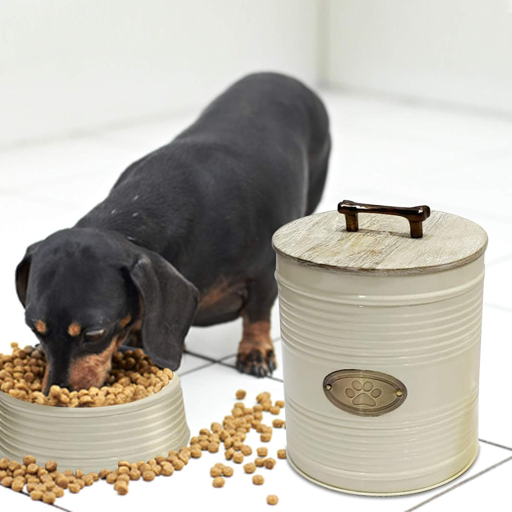 nu steel metal Ribbed Ivory 3 Pc set Jumbo Pet Canister with Golden PAW Plaqu...