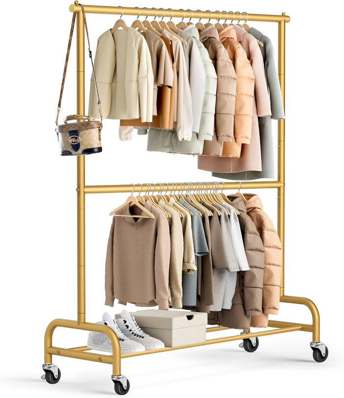 MISSLO Gold Clothing Racks for Hanging Clothes Heavy Duty Clothes Rack Double Garment Rack Metal Rolling Coat Rack Closet Wardrobe Rack on Wheels