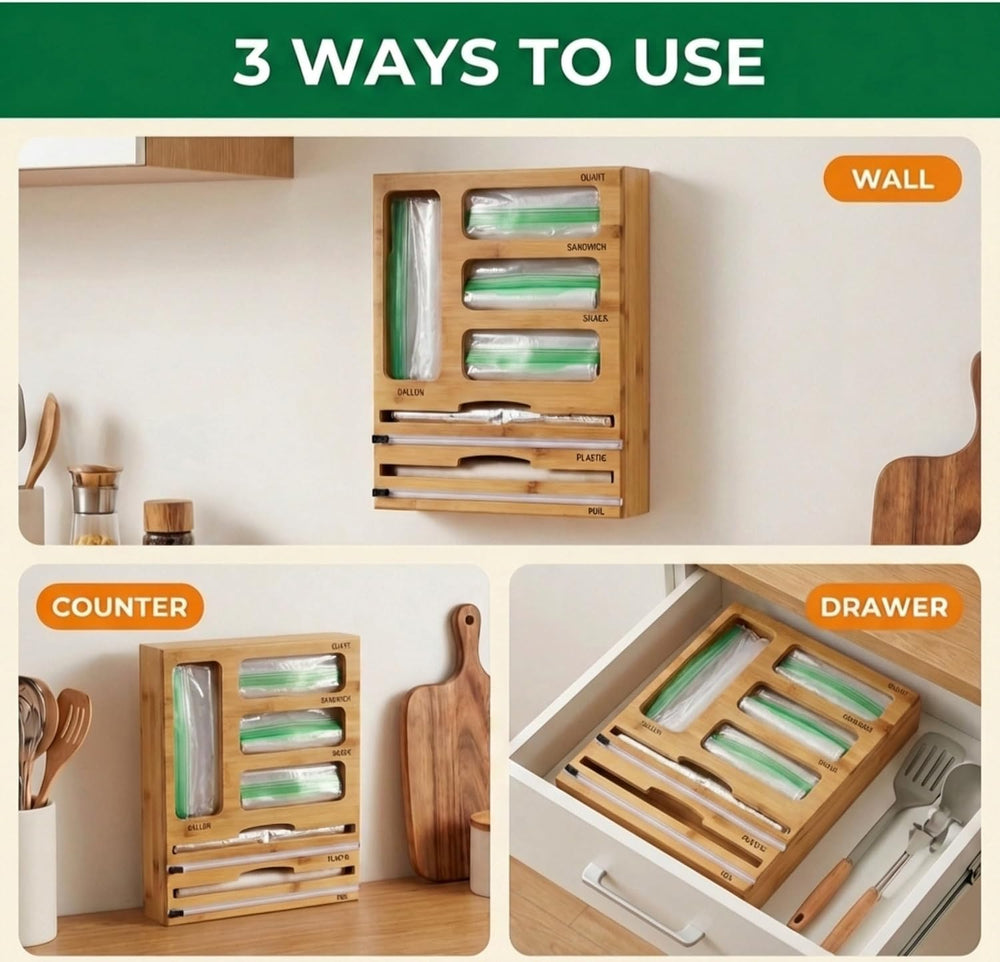 Bag Storage Organizer for Kitchen Drawer and Plastic Wrap Dispenser with Cutt...