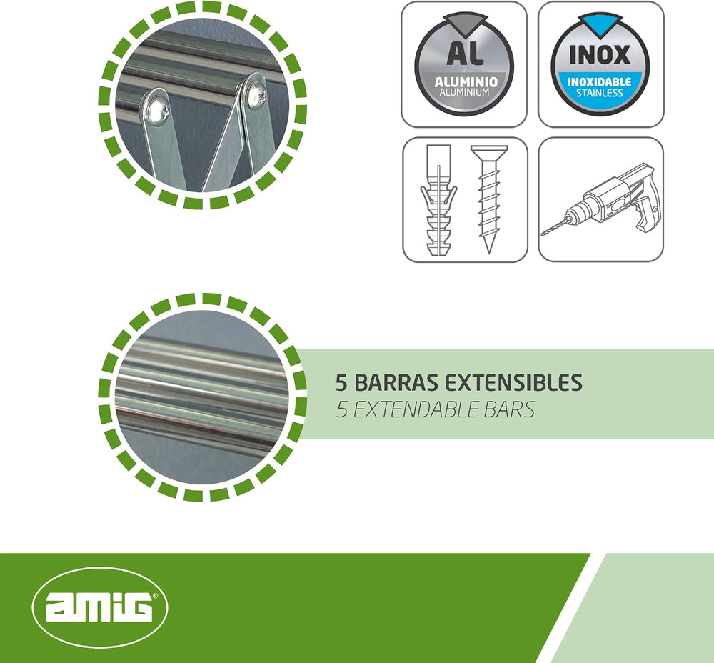 Amig - Extendable Wall Clothesline | High Strength Aluminium | Stainless Stee...