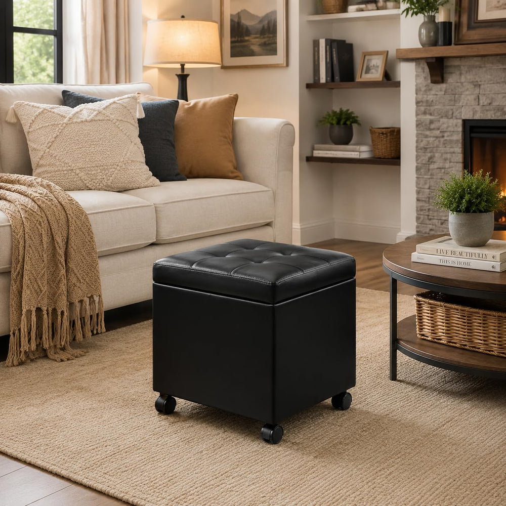 17.7" Square Ottoman with Storage Leather Ottoman with Wheels