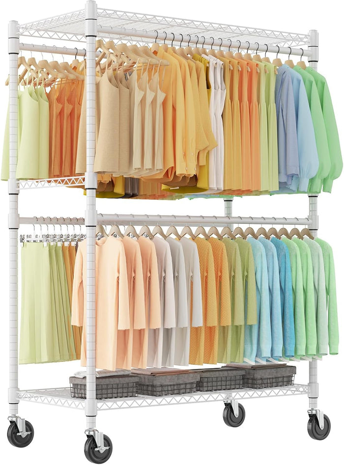 Himimi Double Rods Clothes Rack Heavy Duty,Adjustable Metal Garment Rack with Wheels,Portable Clothing Rack for Hanging Clothes, Closet Rack for Bedroom Laundry Room, 45" W×20.5" D×80.5" H, White