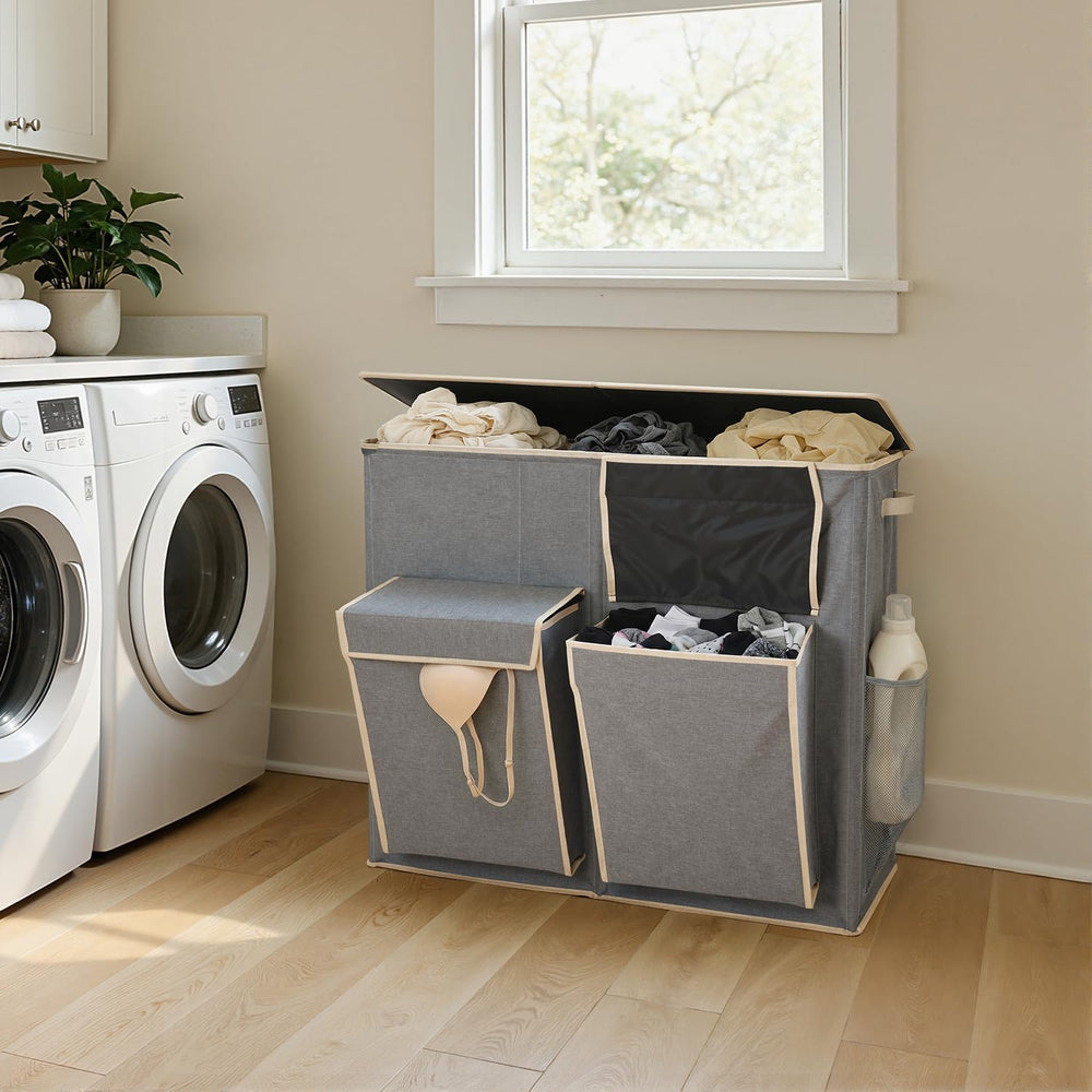 SOLEDI 220L Laundry Hamper 3 Section with Lid and 2 Side Pockets
