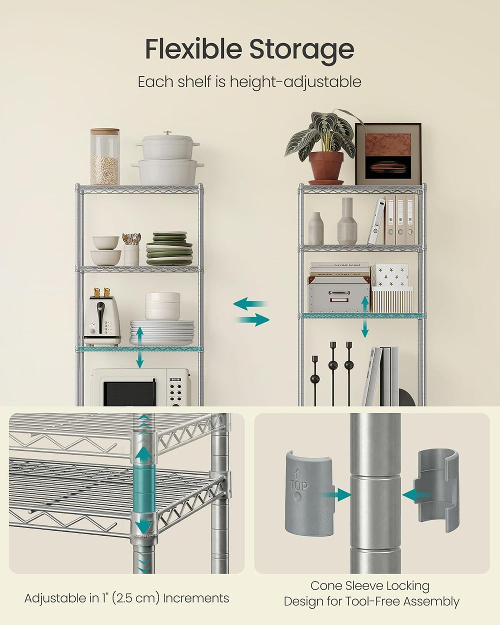 SONGMICS 5-Tier Storage Shelves, Adjustable Wire Shelving Unit, 8 Hooks
