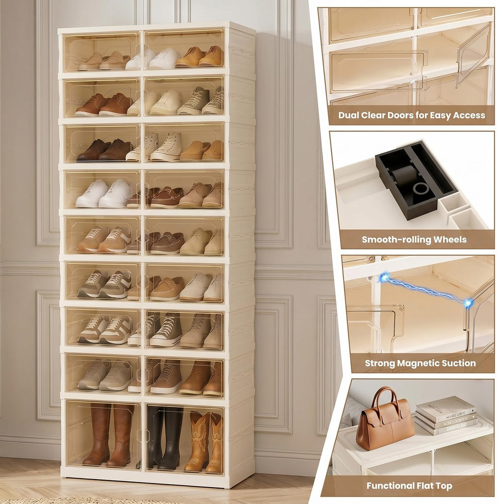 Foldable Shoe Rack, 9-Tier Shoe Storage Cabinet with Clear Doors for Closet