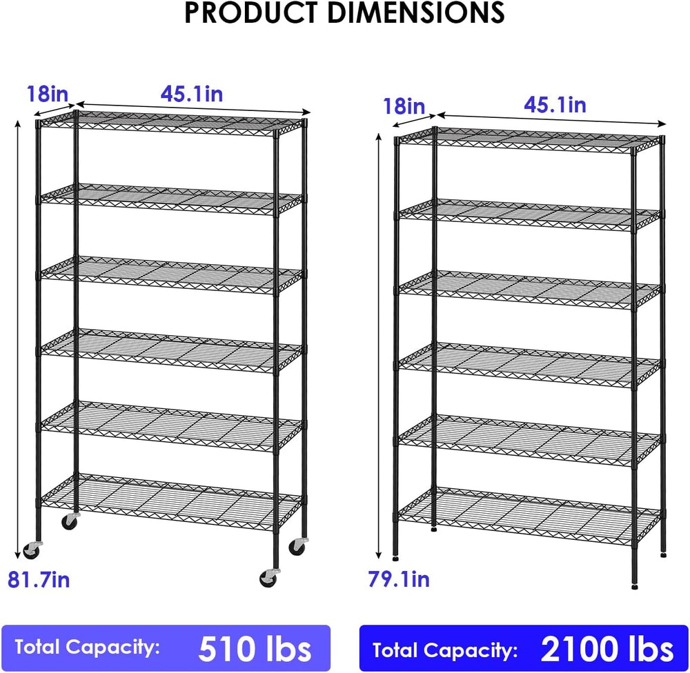 FDW | 6-Tier Wire Shelf with Wheels | 45" x 18" x 82" | Black