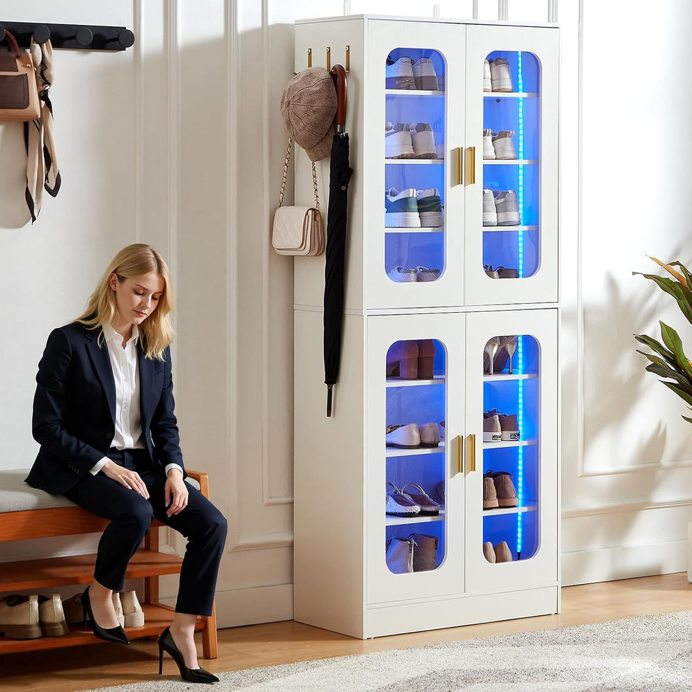 Cyclysio Tall LED Shoe Cabinet with Adjustable Shelves, White