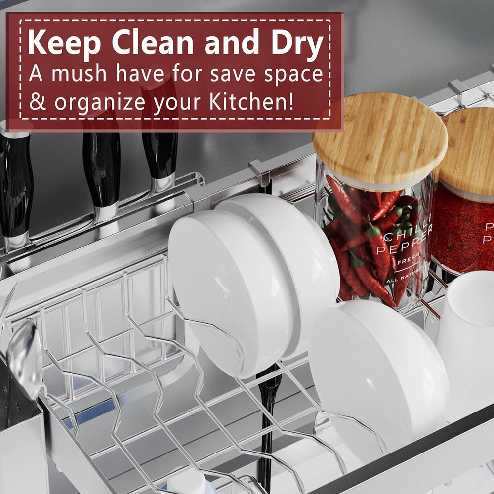 VNKZI Over Sink Dish Drying Rack, 2 Tier Full Stainless Steel Storage Adjusta...