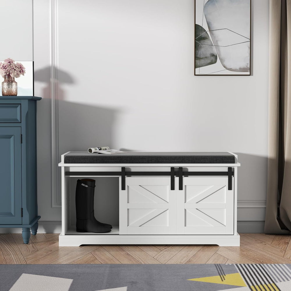 Loomie 39" Wide White Shoe Storage Bench with Removable Seat Cushion
