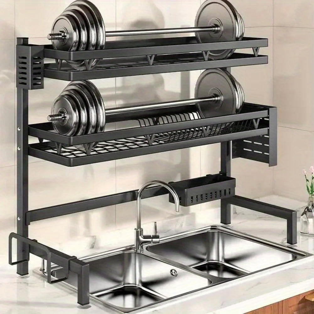 3-Tier Over Sink Dish Draining Rack Adjustable Width and Height with Phone Ho...