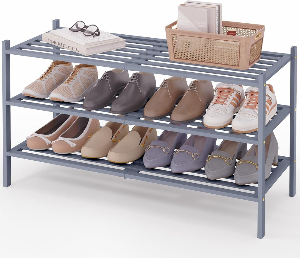 Smiry Bamboo Shoe Rack, 5 Horizontal Slats, 3 Tier - 33.9" Wide, Grey
