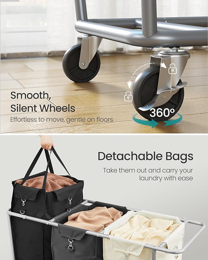 SONGMICS Laundry Basket with Wheels, 76.6 Gallons, 3-Section Rolling Laundry