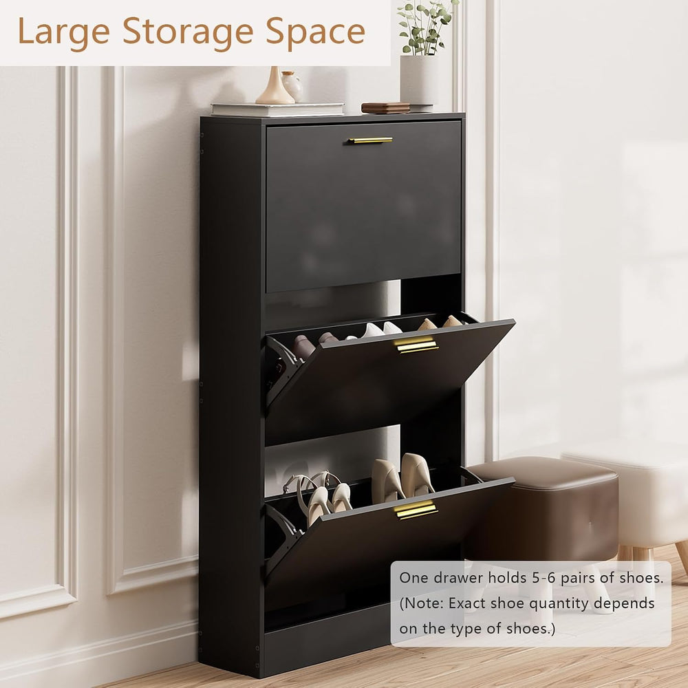 LYNSOM Modern Entryway Shoe Cabinet with 3 Flip Drawers and Top Display, Blac...