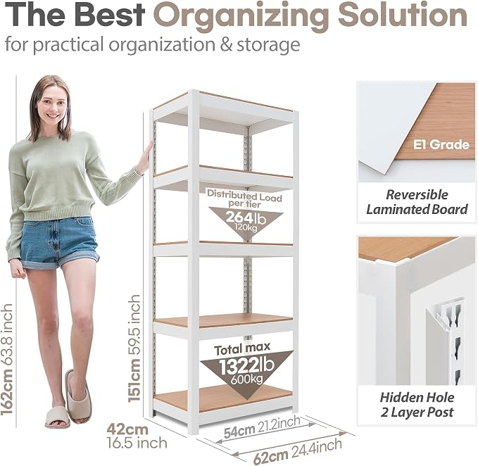 HOMEDANT House 5 Tier 24.1" W Laminated Metal Shelving Unit Adjustable S...
