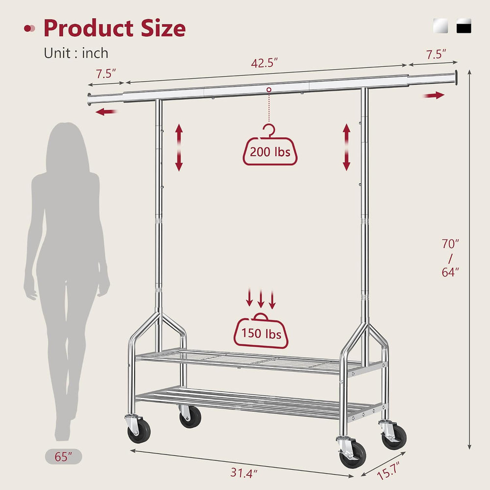 Tajsoon Clothes Rack with 2 Shelves, Heavy Duty Load 350 LBS, Chrome