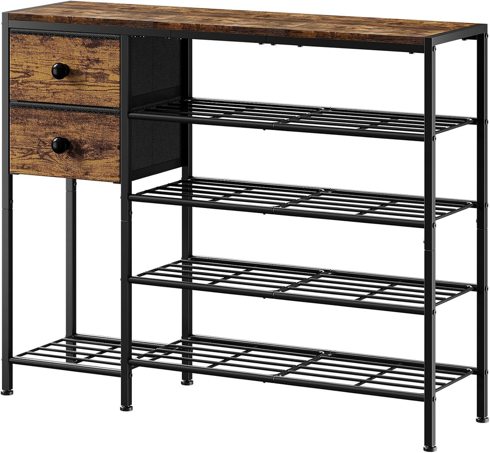 5-Tier Shoe Rack, Side Mesh & 2 Drawers for Closet Rustic Brown