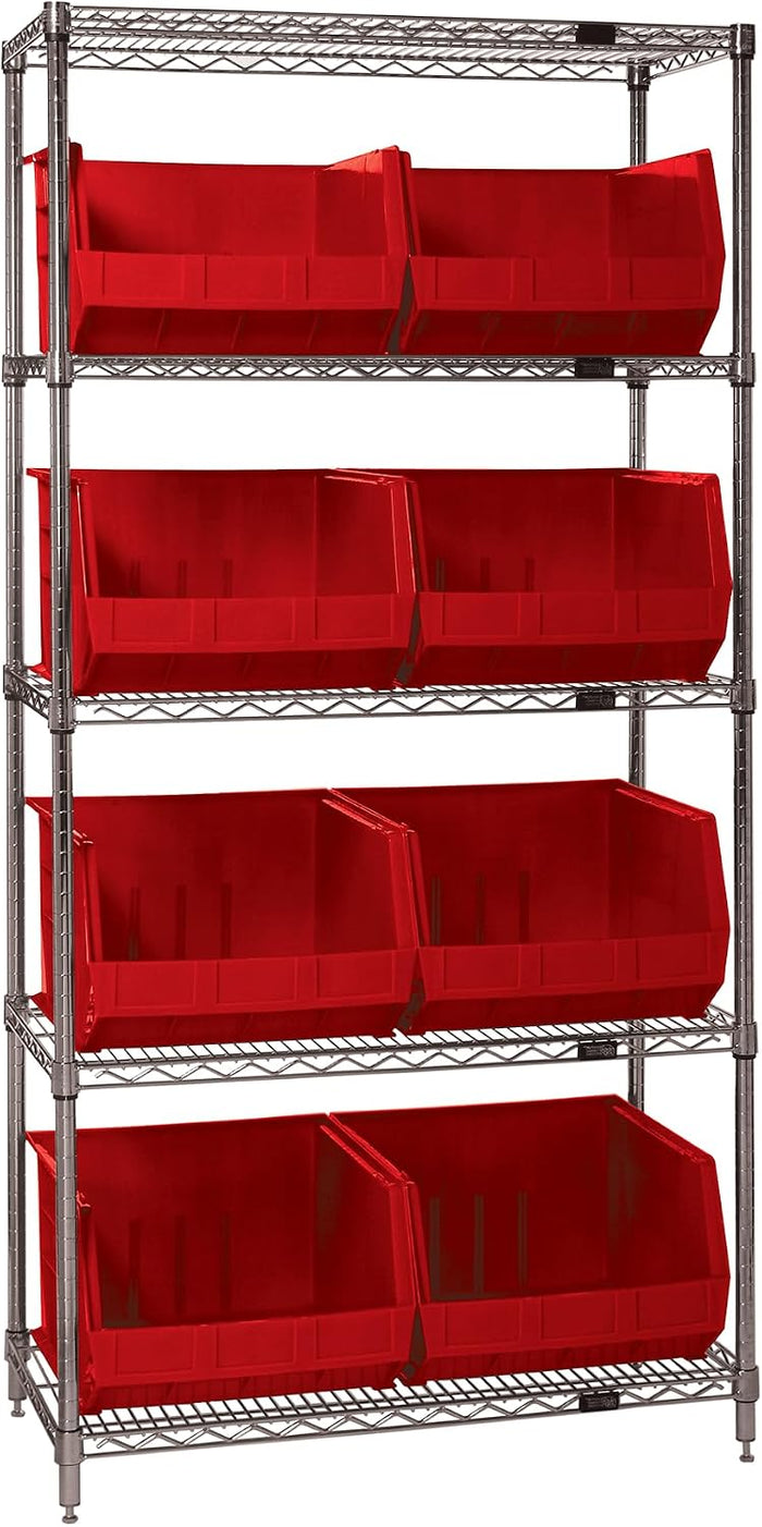 Quantum Storage Systems WR5-270RD 5-Tier Complete Wire Shelving System with 8 QUS270 Red Giant Open Hopper Bins, Chrome Finish, 74" Height x 36" Width x 18" Depth